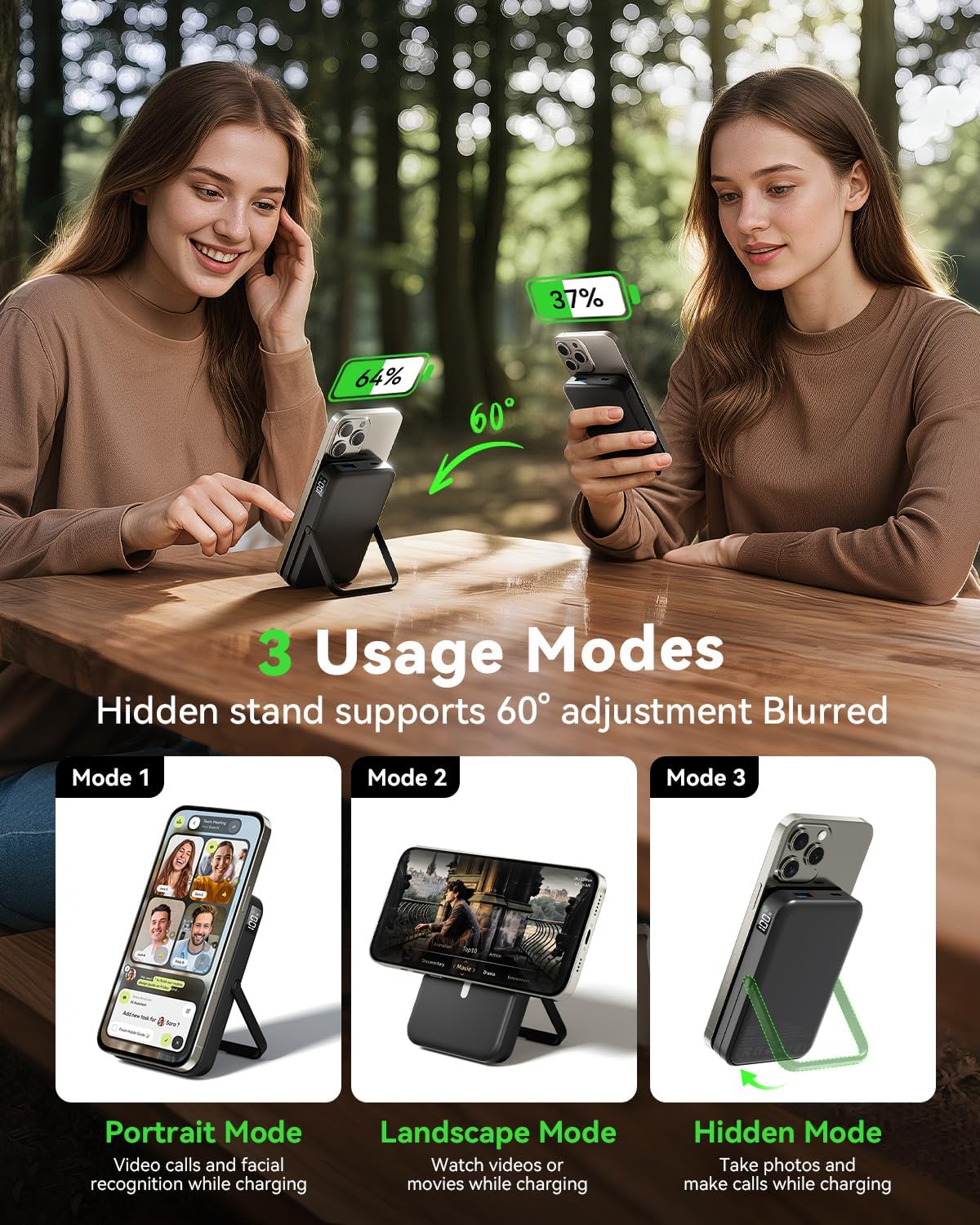 for Magsafe Battery Pack 10000mAh Power Bank with Foldable Stand Portable Charger, PD 22.5W Fast Charge, Dual USB-C & USB-A Outputs, Wireless Charger for iPhone 16/15/14/13/12 Series–Black