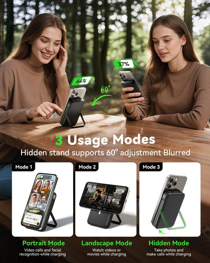 for Magsafe Battery Pack 10000mAh Power Bank with Foldable Stand Portable Charger, PD 22.5W Fast Charge, Dual USB-C & USB-A Outputs, Wireless Charger for iPhone 16/15/14/13/12 Series–Black