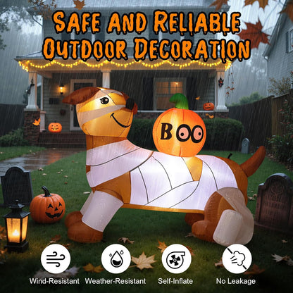 Dawdix 5FT Halloween Inflatable Mummy Dog Outdoor Decoration, Funny Blow Up Puppy Wrapped in Toilet Paper with Boo Pumpkin, Halloween Inflatable Dachshund Decor for Yard, Lawn, Garden, Porch