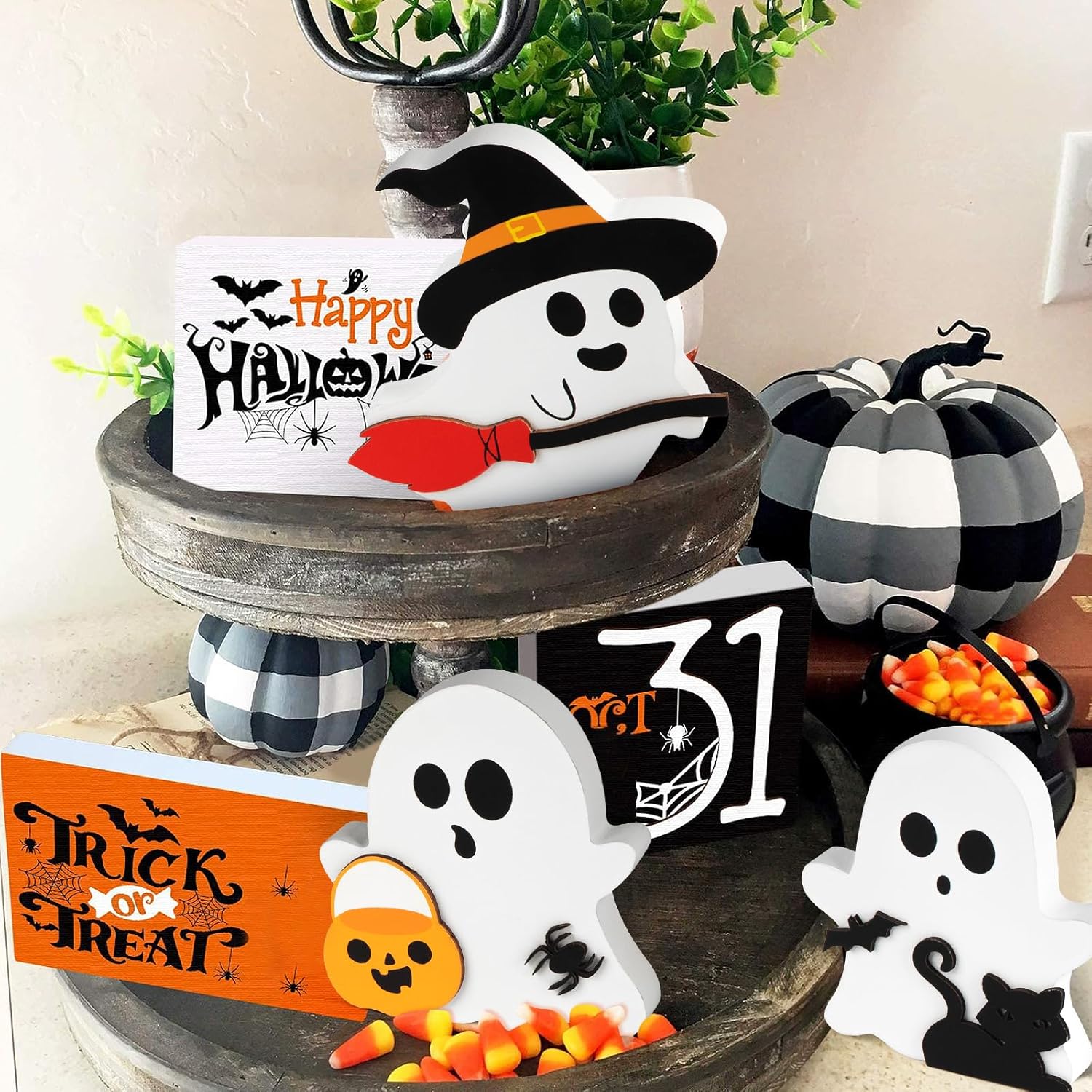COCHIE Cute Ghost Halloween Decorations Indoor, Wooden Tiered Tray Decor Table Sign Set of 3, Black Cat Bat Witch Broom Signs Pumpkin Blocks for Party Home Shelf Display (A-Ghost)