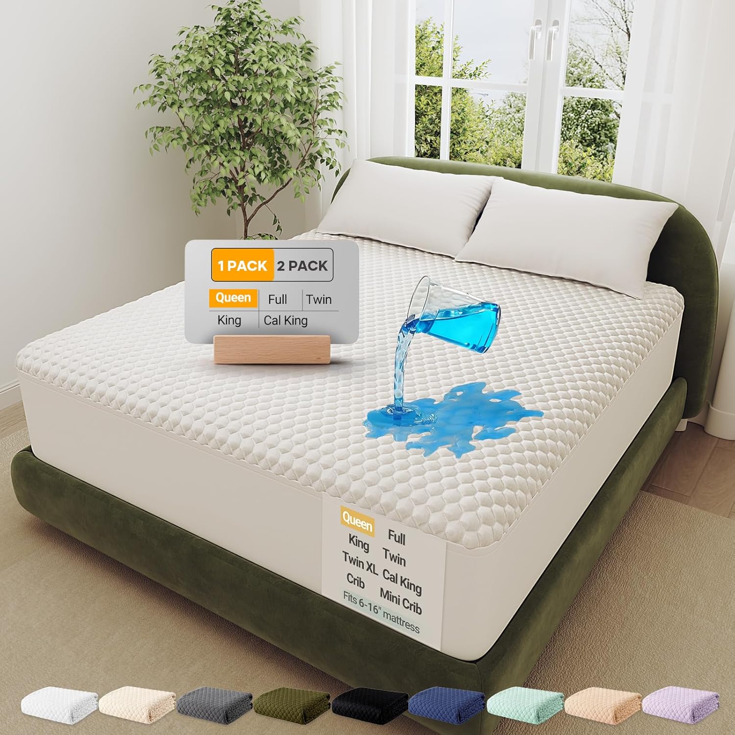 OhGeni 100% Waterproof Mattress Protector, Queen Size Mattress Pad, Fits 6"-20" Mattresses with Deep Pocket, Cooling, Breathable Fitted Sheets, Soft Bed Cover, Noiseless, Machine Washable