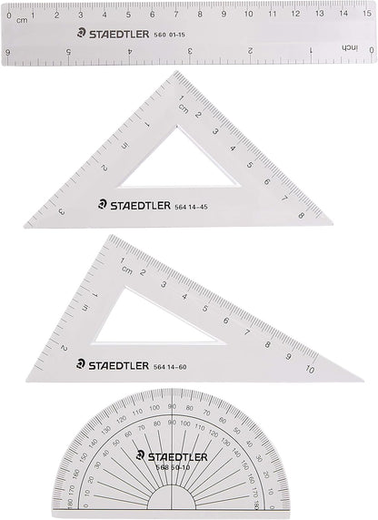 STAEDTLER Math Set - 4 pc Geometry Kit for Students - School Supplies with Clear Protractor, 6in Ruler & 2 Triangles – Metric & Imperial Scales