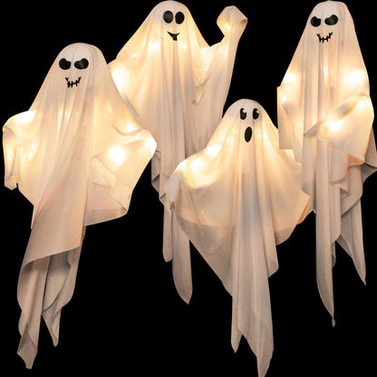 4 Pack Halloween Hanging Ghost Decorations, 27.5" Light Up Spooky Floating Ghosts with Blue LED, Outdoor & Indoor Haunted House, Porch, Yard, Party Decor, Patio Lawn Garden