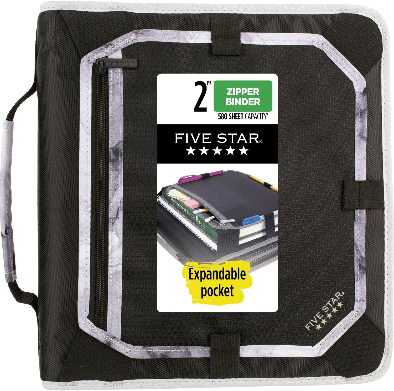 Five Star Zipper Binder, 2 Inch 3-Ring Binder with Round Rings, Expansion Panel and 5-Tab Expanding File, 580 Sheet Capacity, Black/Gray (29052IT8)