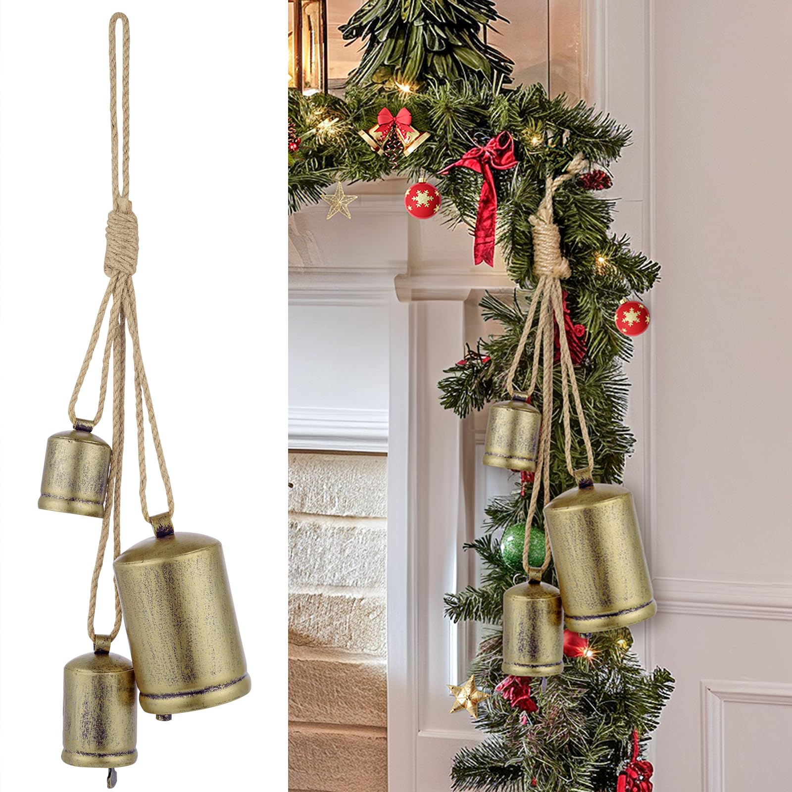 Minetom Set of 3 Christmas Bells, Decoraitve Brass Bells with Jute Hanging Rope for Christmas Decor Wreath Garland Tree Doors Windows Rustic Home Decor, Vintage Iron Bells