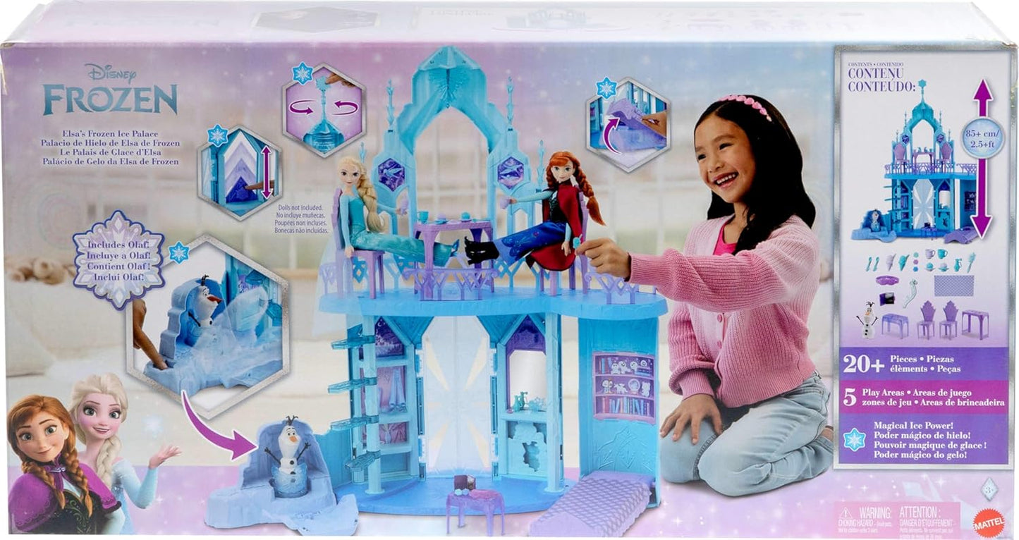 Mattel Disney Frozen Elsa Ice Castle Playset with Olaf Figure, 5 Play Areas & 21 Accessories, 2.5+ Ft Tall Elsa’s Frozen Ice Palace, Inspired by Movies