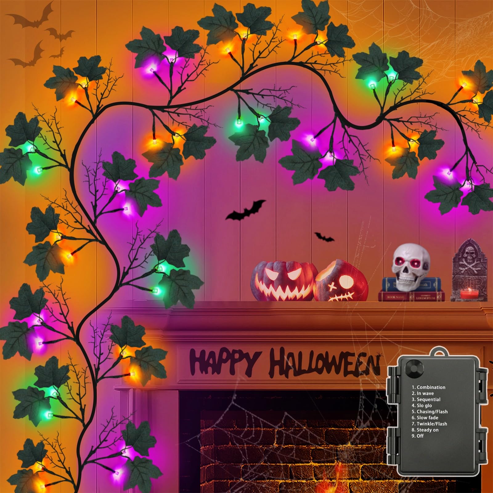 9 FT 72 LED Halloween Decorations Willow Vine Twig Decor with Orange Purple Lights and Dead Branches Black Leaves -Battery Operated 8 Modes for Indoor Wall Fireplace Halloween Decorations