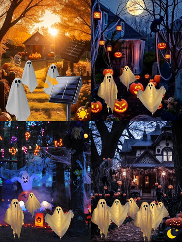 3-Pack Ghost Solar Powered Halloween Decorations Outdoor, Auto On/Off, Solar Halloween Lights for Garden Pathway Porch Yard Walkway Lawn Party Decor, 8 Modes & Waterproof Outdoor Halloween Decorations
