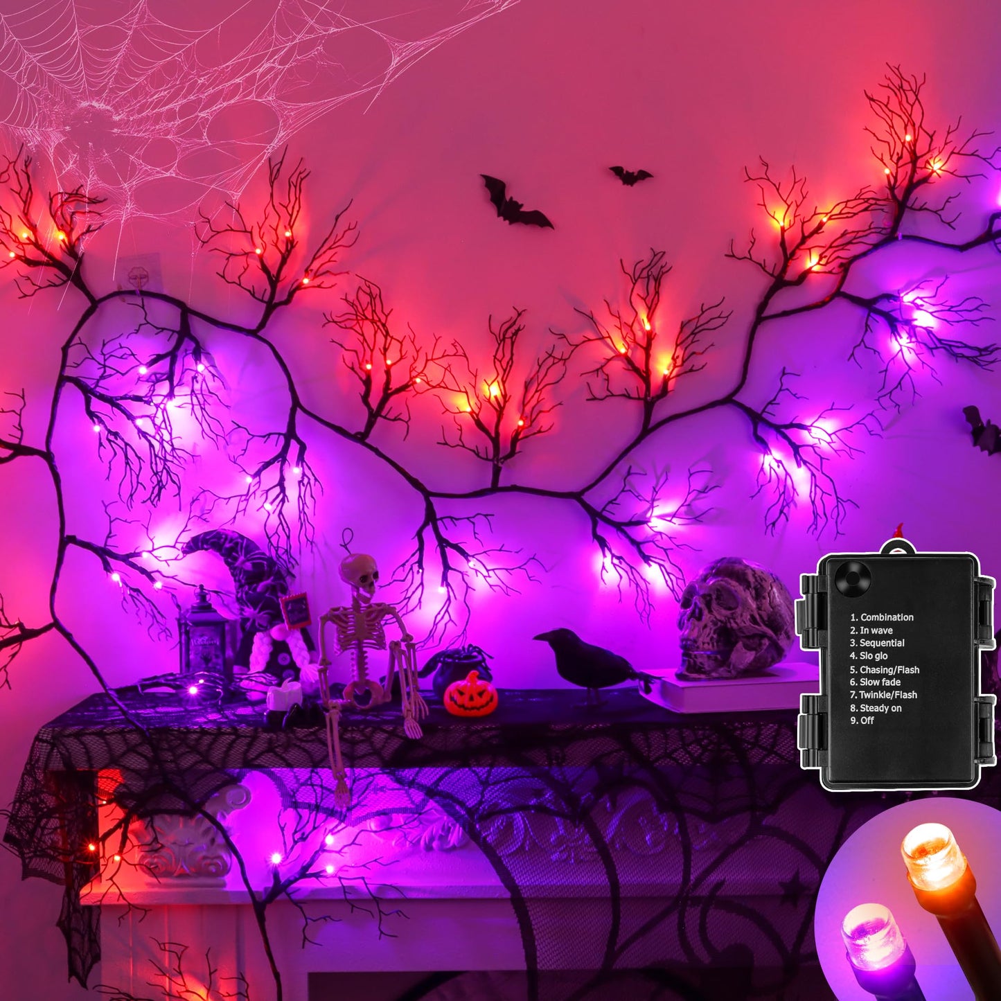 6 FT Halloween Black Garland Willow Vine Twig Decor with Orange & Purple Light, 8 Modes & Timer Battery Operated Waterproof Halloween Decorations Indoor for Mantle Fireplace Home Party Decor
