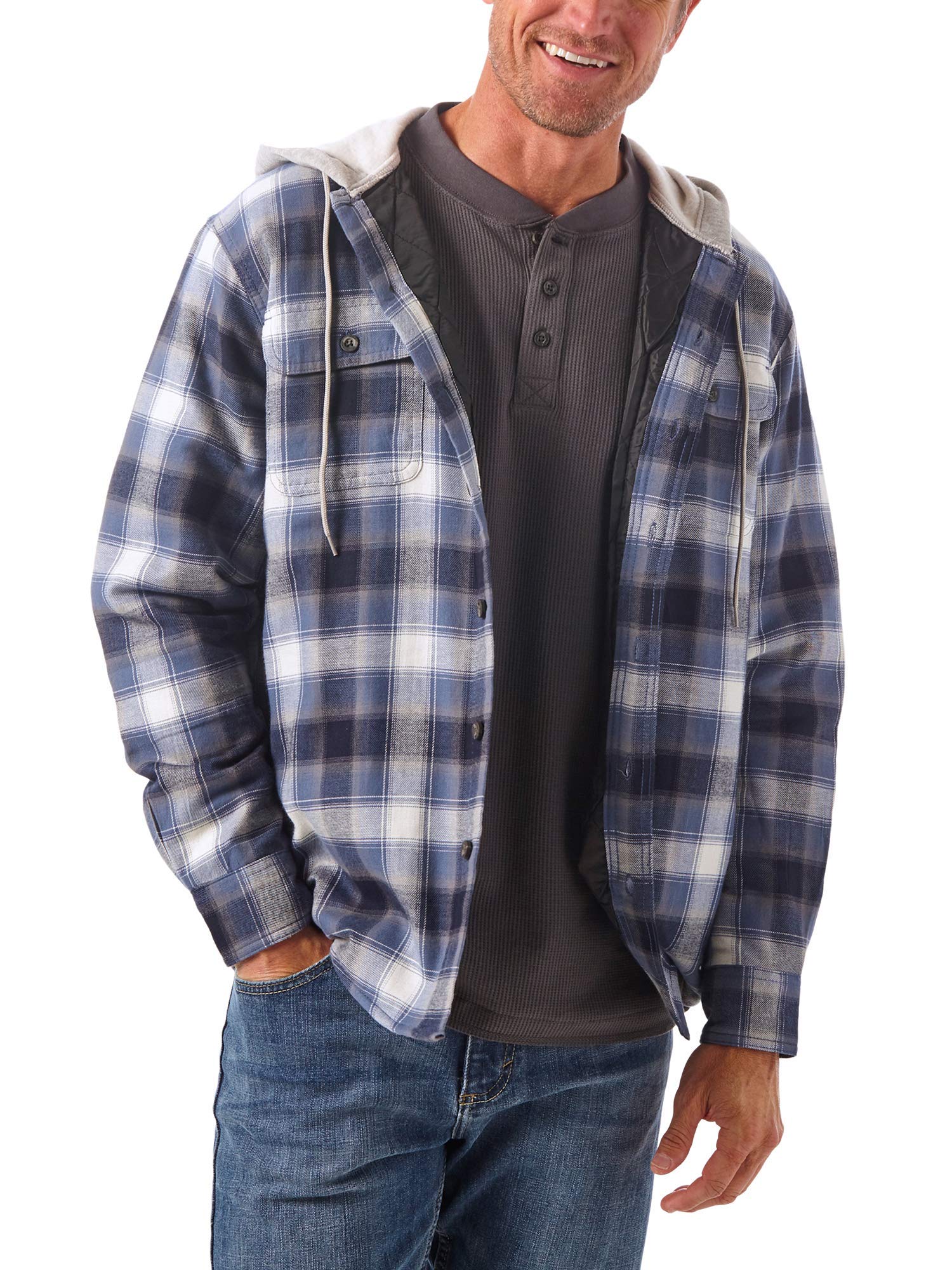 Wrangler Authentics Men's Long Sleeve Quilted Lined Flannel Shirt Jacket with Hood
