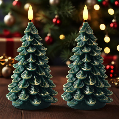 Christmas Decorations Indoor, Christmas Decor - Christmas Tree Candles Battery Operated, Flameless LED Candle Lights with 6H Timer, Xmas Home Decor, Set of 2(Green)