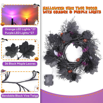 kuaima Halloween Light up Garland with 54 Purple and Orange LED Lights, 6.56 FT Lighted Willow Vine Twig Battery Operated for Indoor Decor, 8 Modes with Timer Function