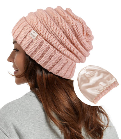 Hat Hut Womens Satin Lined Beanie Winter Hats with Silk Lining for Hair Slouchy Beanie Soft Warm Cable Knit Winter Hat