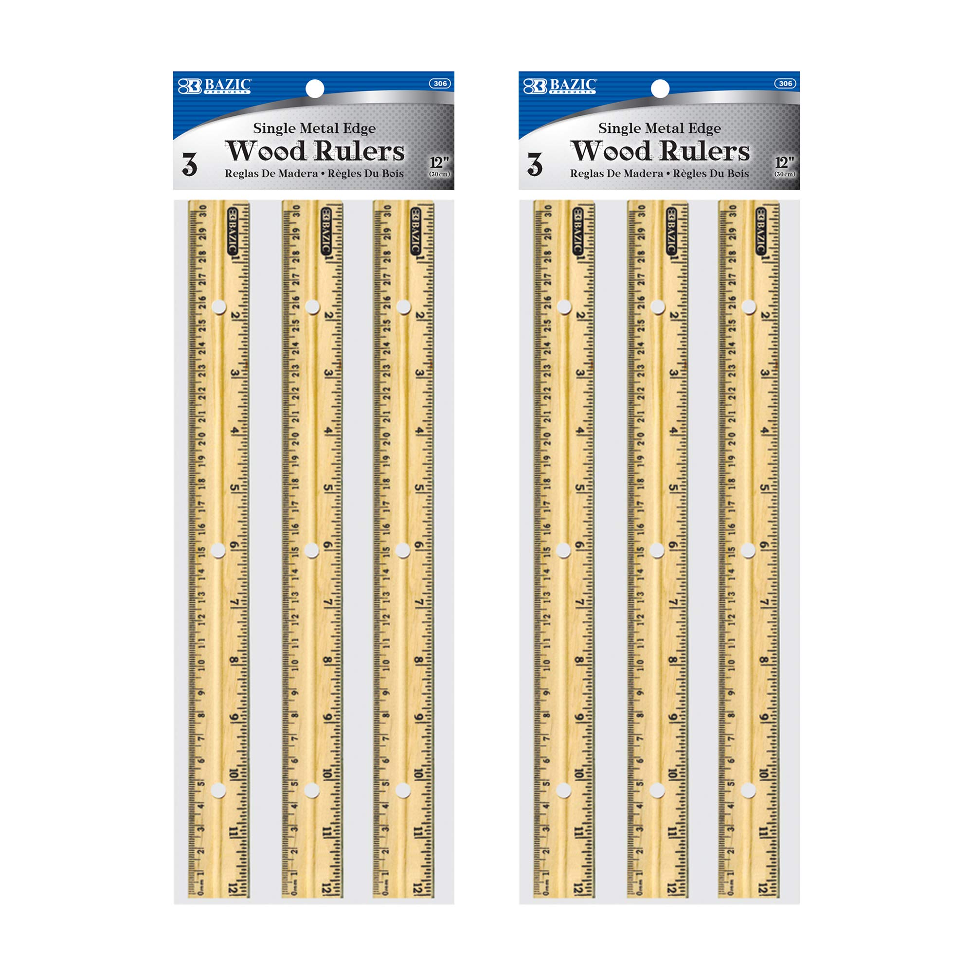 BAZIC Wooden Ruler 12" (30cm), Singel Metal Edge, Inches Centimeter Metric Measuring Drafting Rulers, for Students School Supplies (3/Pack), 1-Pack