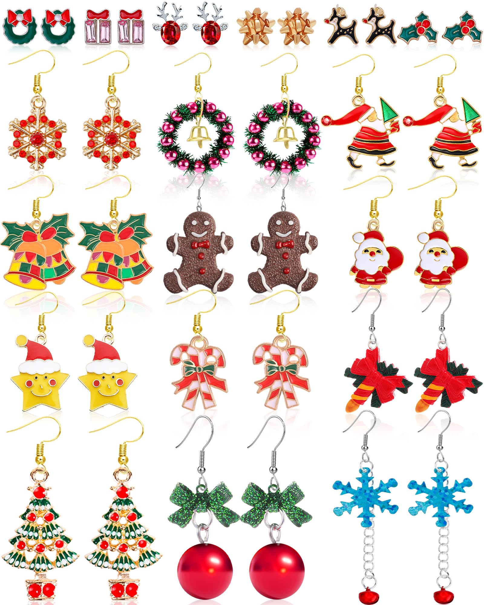 23 Pairs Christmas Earrings for Women Xmas Holiday Dangle Earrings Christmas Stud Tree Snowflake Bow Bells Light Earrings Bulk Cute Christmas Party Jewelry Gifts