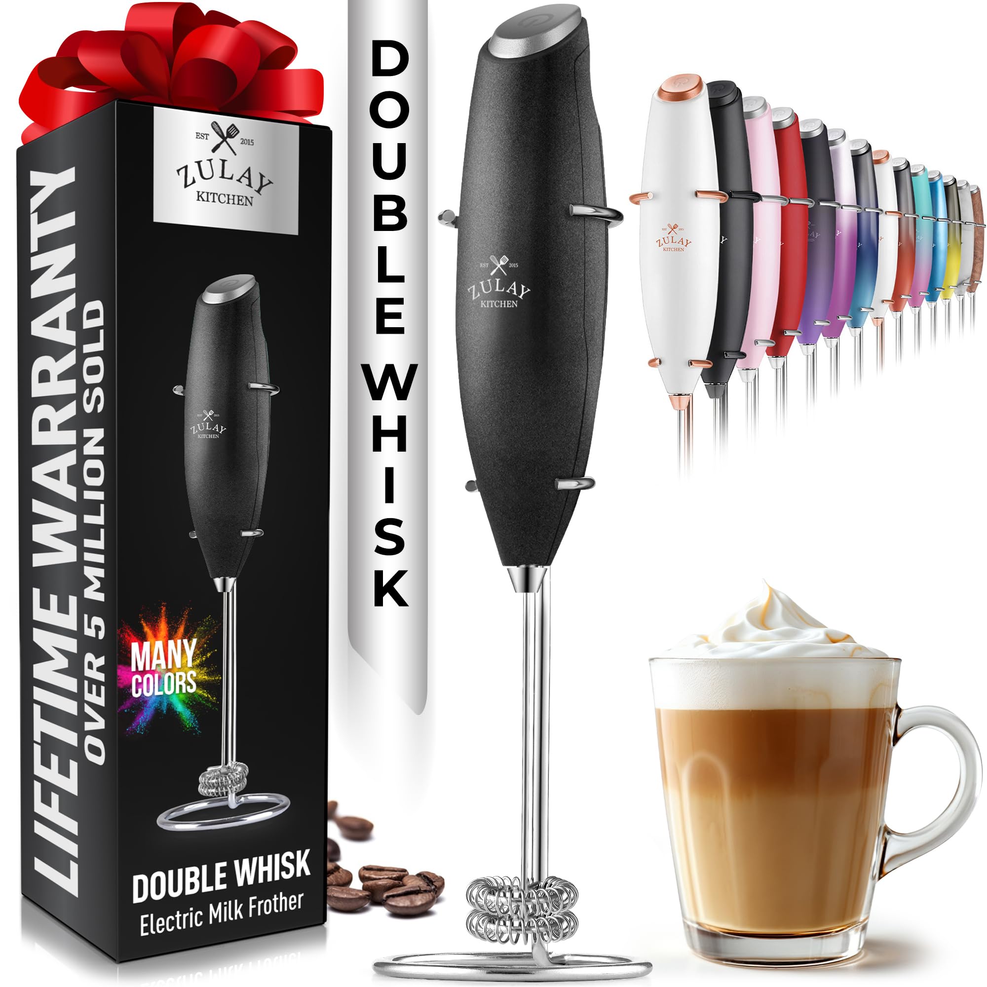 Zulay Kitchen Powerful Milk Frother Wand With 2 Duracell Batteries - Ultra Fast Handheld Drink Mixer - Electric Whisk Foam Maker for Coffee, Lattes, Cappuccino, Matcha, Hot Chocolate & Creamer - Black