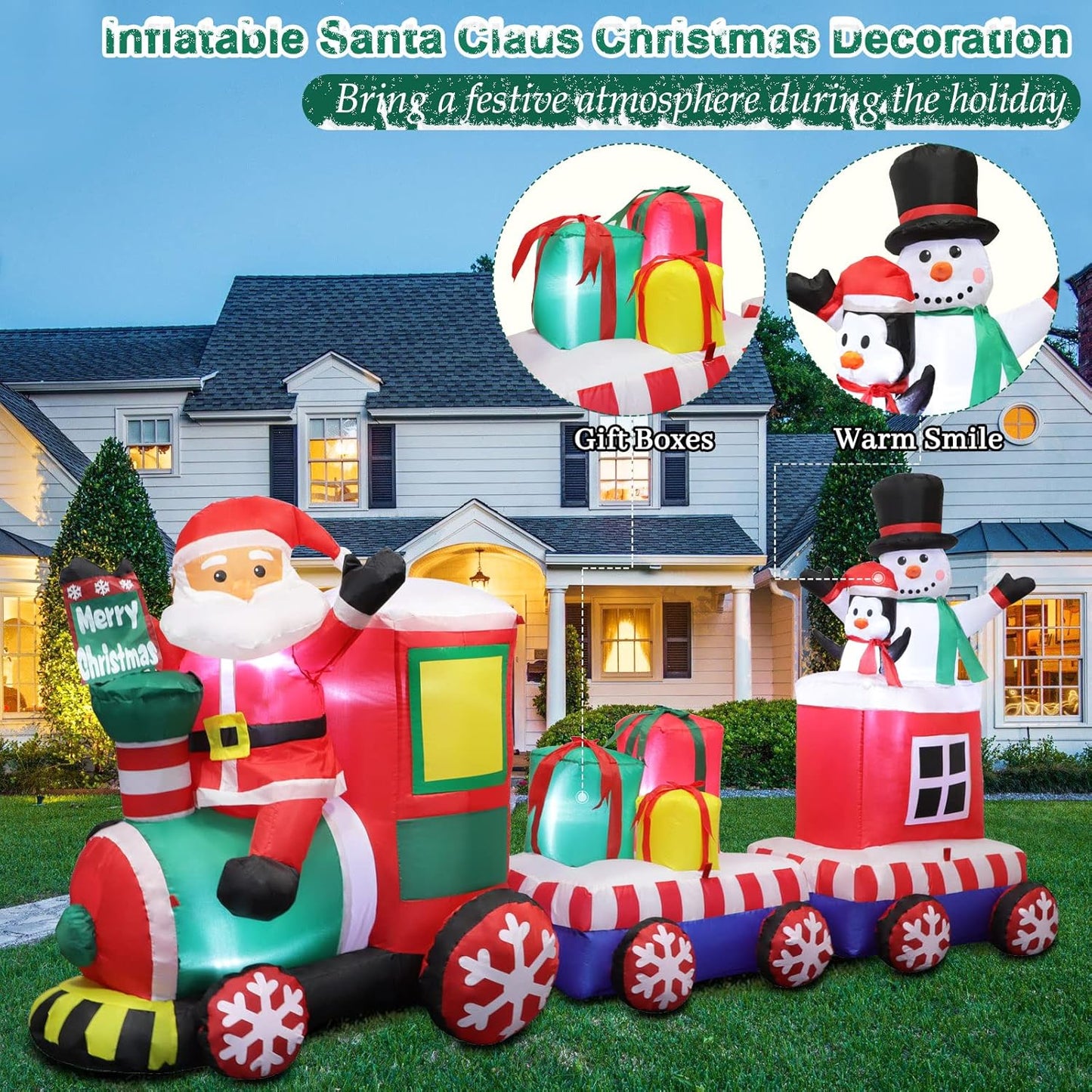 8 FT Christmas Inflatable Train with Santa Claus, Snowman, Penguin, Gift Boxes, Xmas Blow Up Yard Decors with Built-in Led Lights, Lovely Train Carriage for Holiday Display Lawn Garden Party Decor