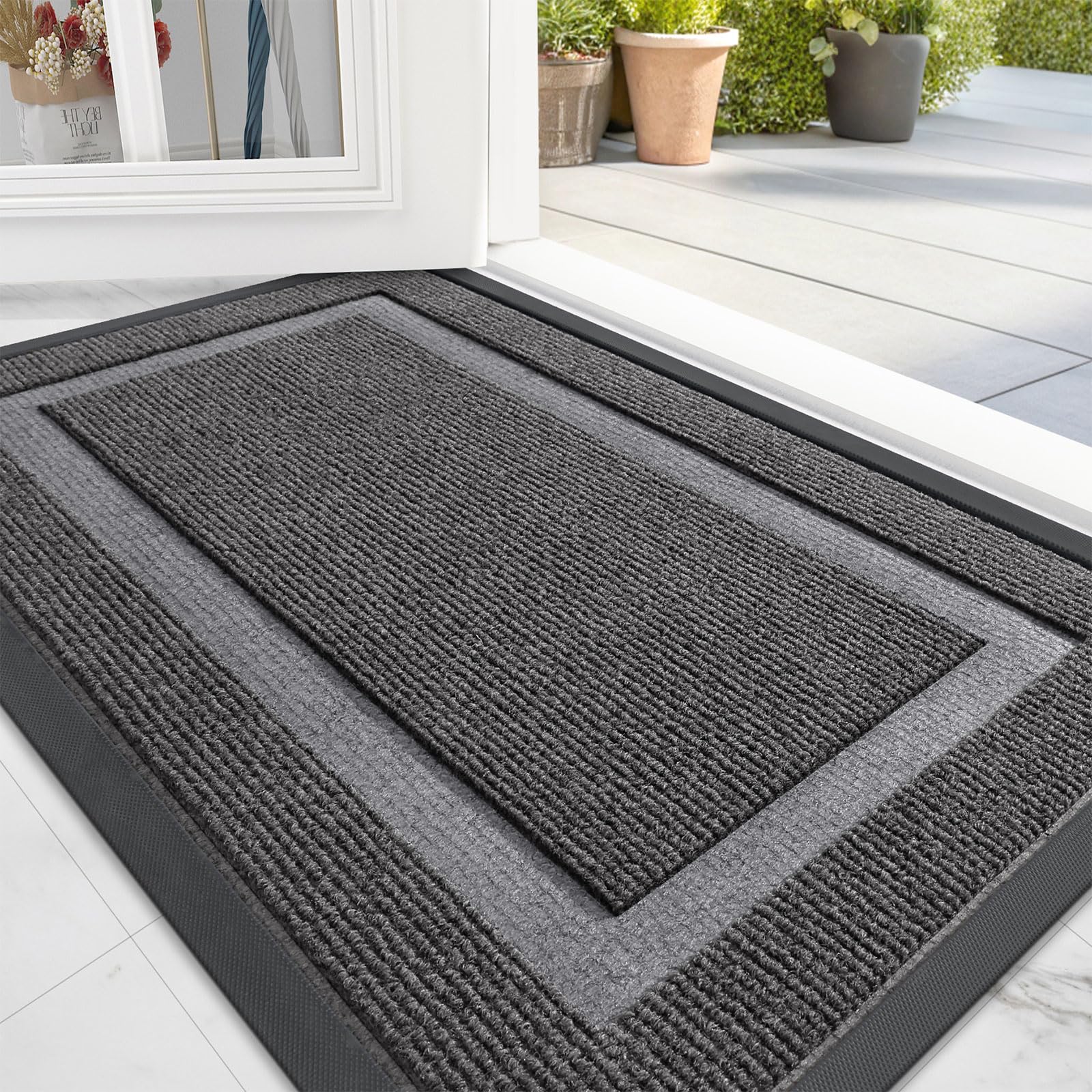 OLANLY Front Door Mat Indoor Outdoor Entrance, Waterproof All-Season, All-Weather Doormat, Sturdy Natural Rubber, Fade Resistant, Low Profile, Easy Clean Patio Porch Entryway Mat, 29.5x17, Black