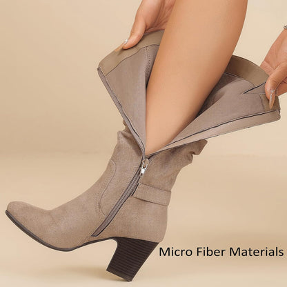 Women's Slouchy Knee High Boots with Chunky Heel, Pointed Toe, Comfortable and Fashionable Fall Winter Boots for Women.