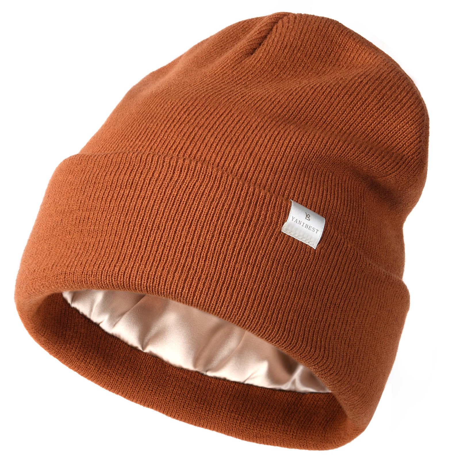 YANIBEST Womens Satin Lined Knit Beanie Hat Acrylic Winter Hats for Women Men Silk Lining Soft Slouchy Warm Cuffed Beanie Hat