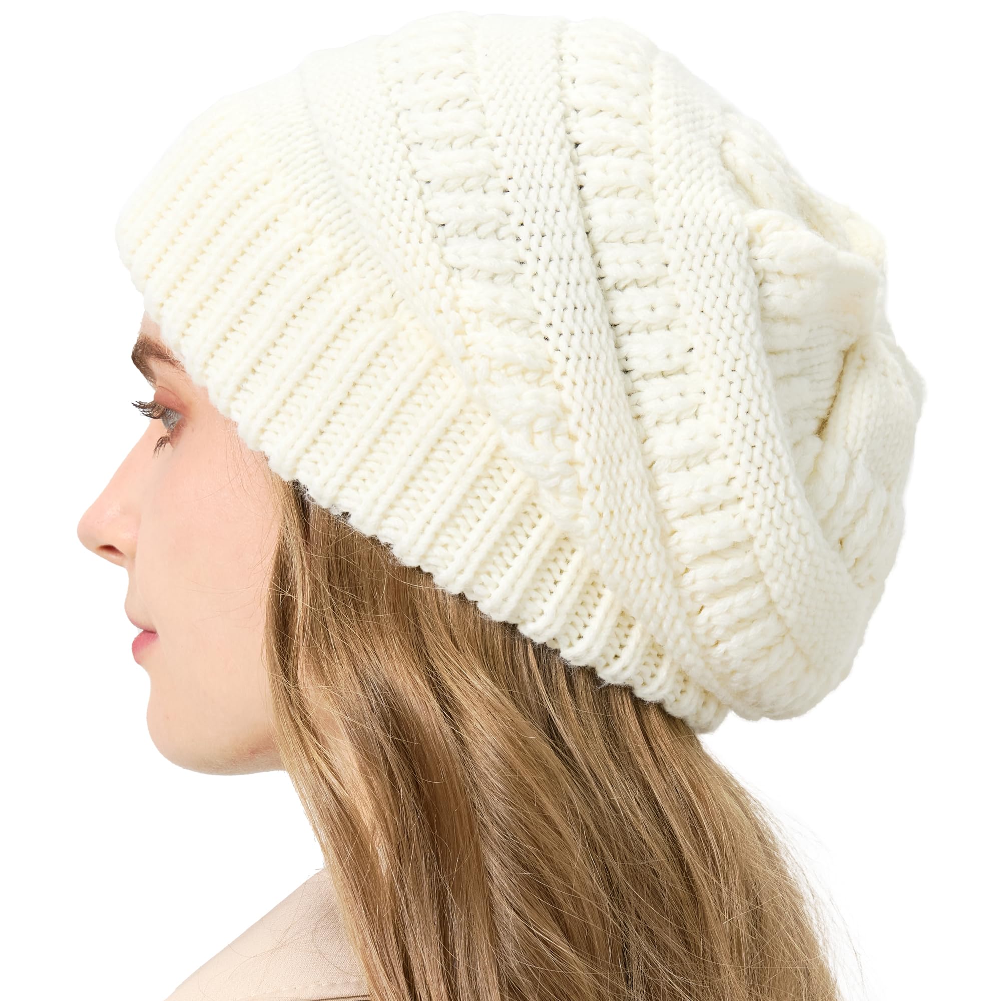 Cable Knit Slouchy Beanie for Women, Wool Winter Warm Womens Beanies, Trendy Oversized Slouch Hat Skull Ski Cap Hats