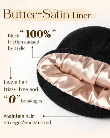 YANIBEST Womens Satin Lined Knit Beanie Hat Acrylic Winter Hats for Women Men Silk Lining Soft Slouchy Warm Cuffed Beanie Hat