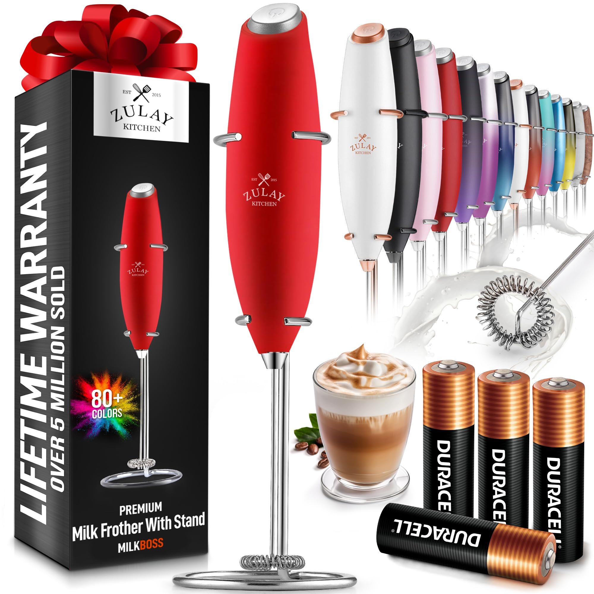 Zulay Kitchen Powerful Milk Frother Wand With 2 Duracell Batteries - Ultra Fast Handheld Drink Mixer - Electric Whisk Foam Maker for Coffee, Lattes, Cappuccino, Matcha, Hot Chocolate & Creamer - Black