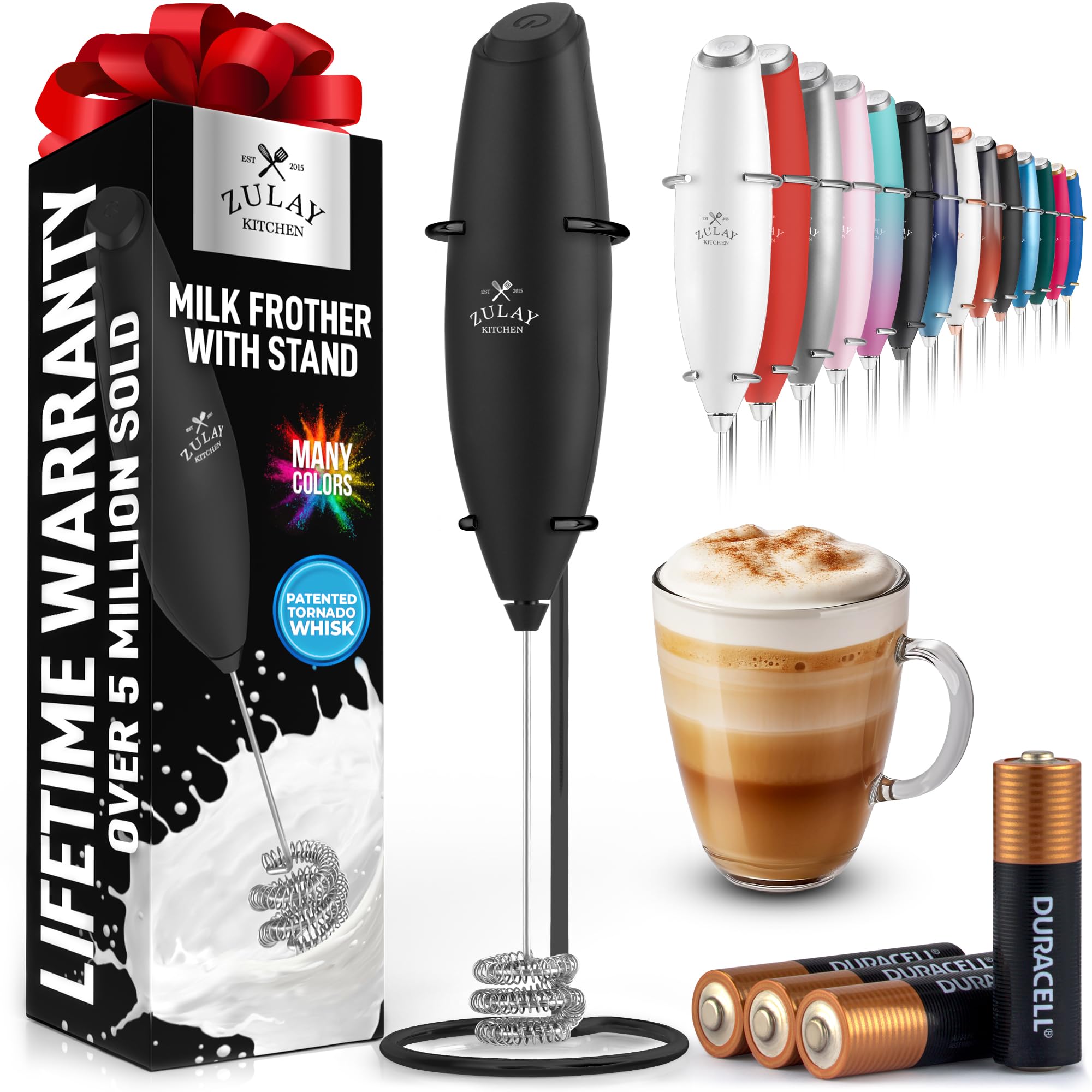 Zulay Kitchen Powerful Milk Frother Wand With 2 Duracell Batteries - Ultra Fast Handheld Drink Mixer - Electric Whisk Foam Maker for Coffee, Lattes, Cappuccino, Matcha, Hot Chocolate & Creamer - Black