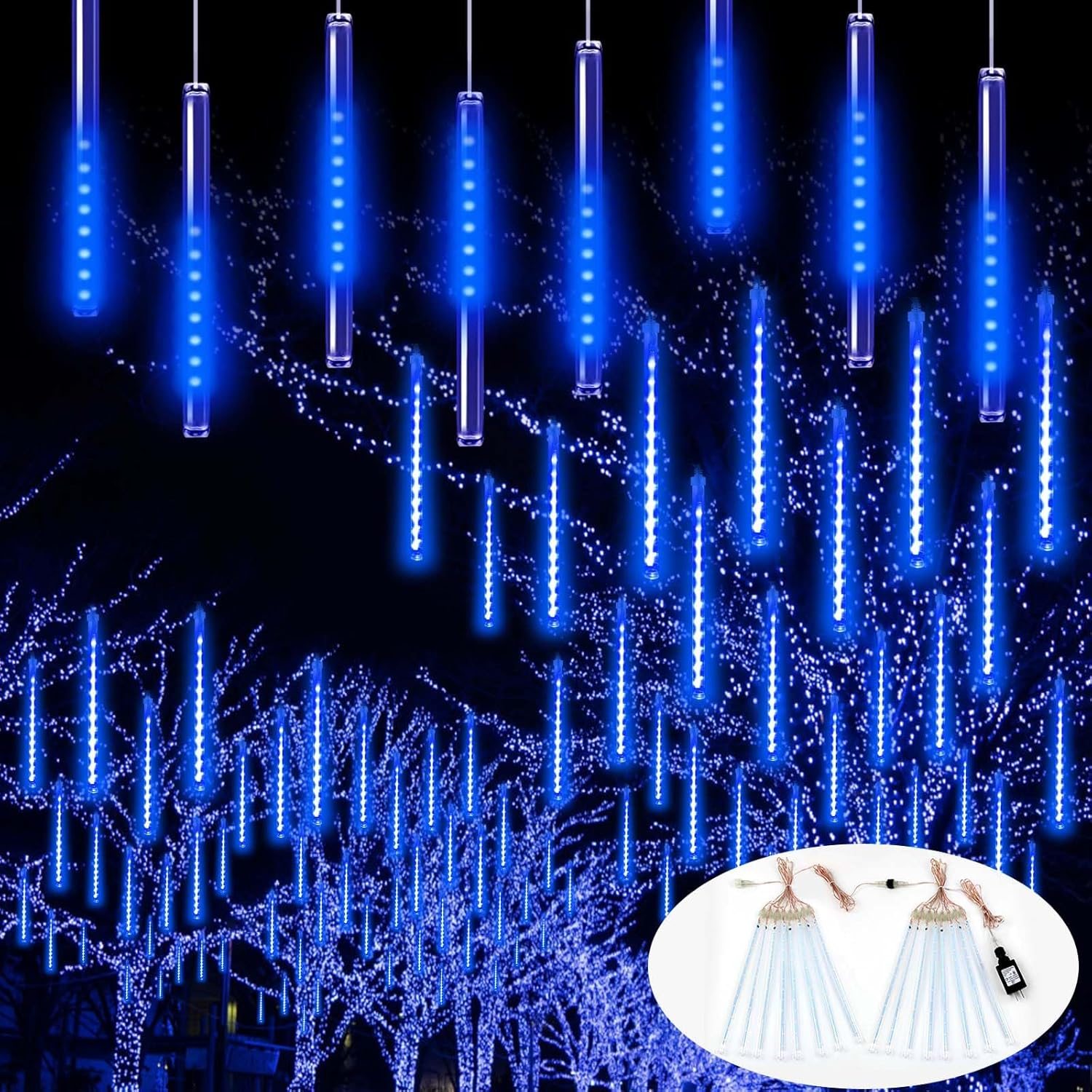 2 Pack Extendable Christmas Lights Decorations Outdoor, 16 Tubes 384 LEDs Meteor Shower Lights with Timer Cascading Falling Raindrop String Light Plug in for Holiday Graden Yard Tree Xmas Decor (Blue)