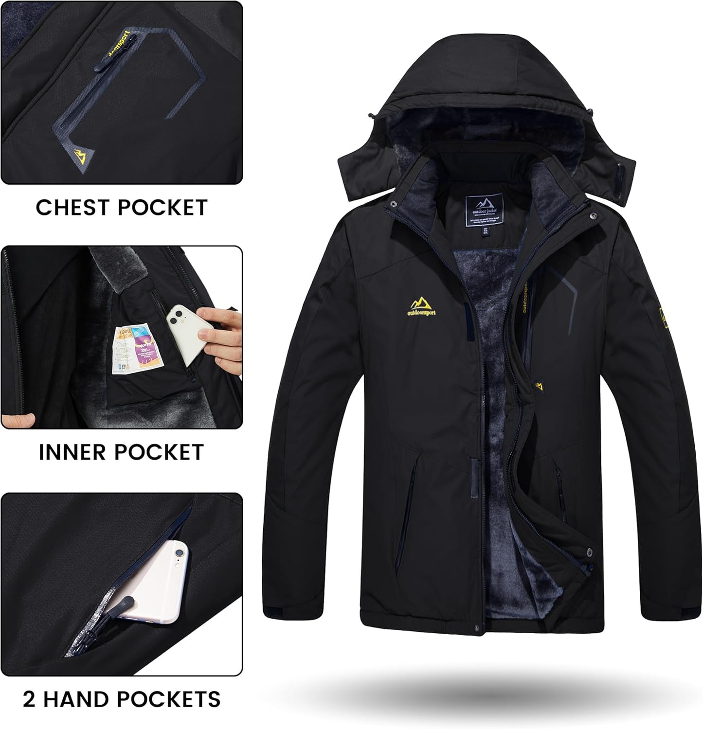 TACVASEN Men's Winter Skiing Jackets Water Resistant Fleece Coats Insulated Thermal Snowboard Jacket Parka Raincoat with Hood