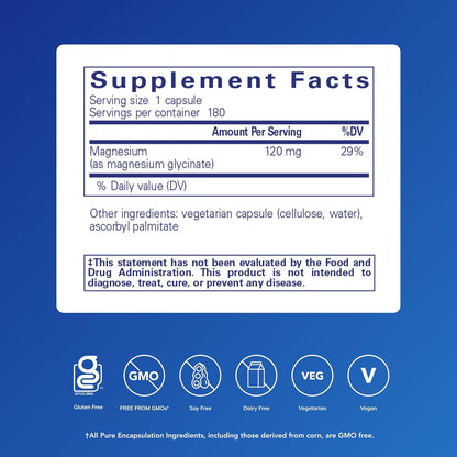 Pure Encapsulations Magnesium (Glycinate) - Supplement to Support Stress Relief, Sleep, Heart Health, Nerves, Muscles, and Metabolism* - with Magnesium Glycinate - 180 Capsules