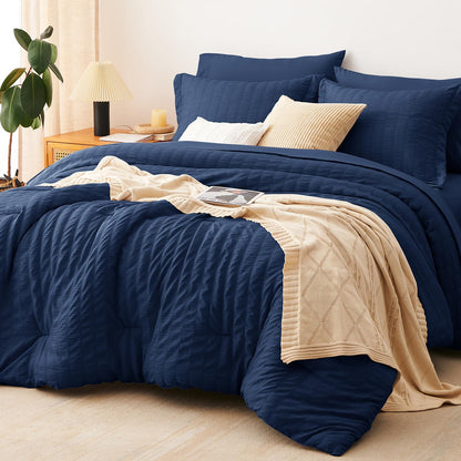 CozyLux Queen Comforter Set White Seersucker 7 Pieces Bed in a Bag Queen Comforter Set with Sheets, Luxury Soft Bedding Set with Down Alternative Comforter, Sheets, Pillowcases & Shams for All Seasons