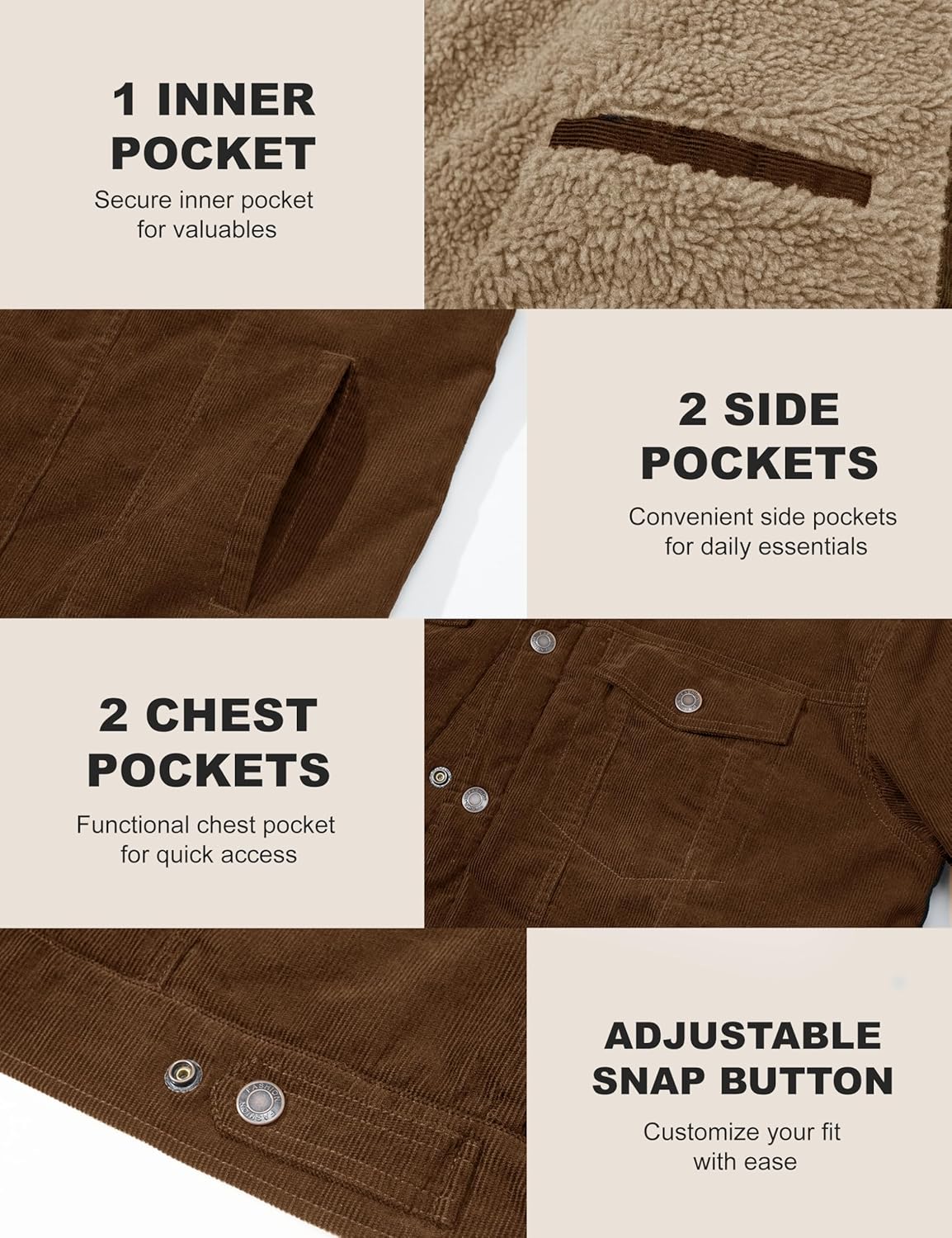 MAGCOMSEN Men's Corduroy Jacket Winter Sherpa Lined Warm Thick Trucker Cargo Coat with 5 Pockets