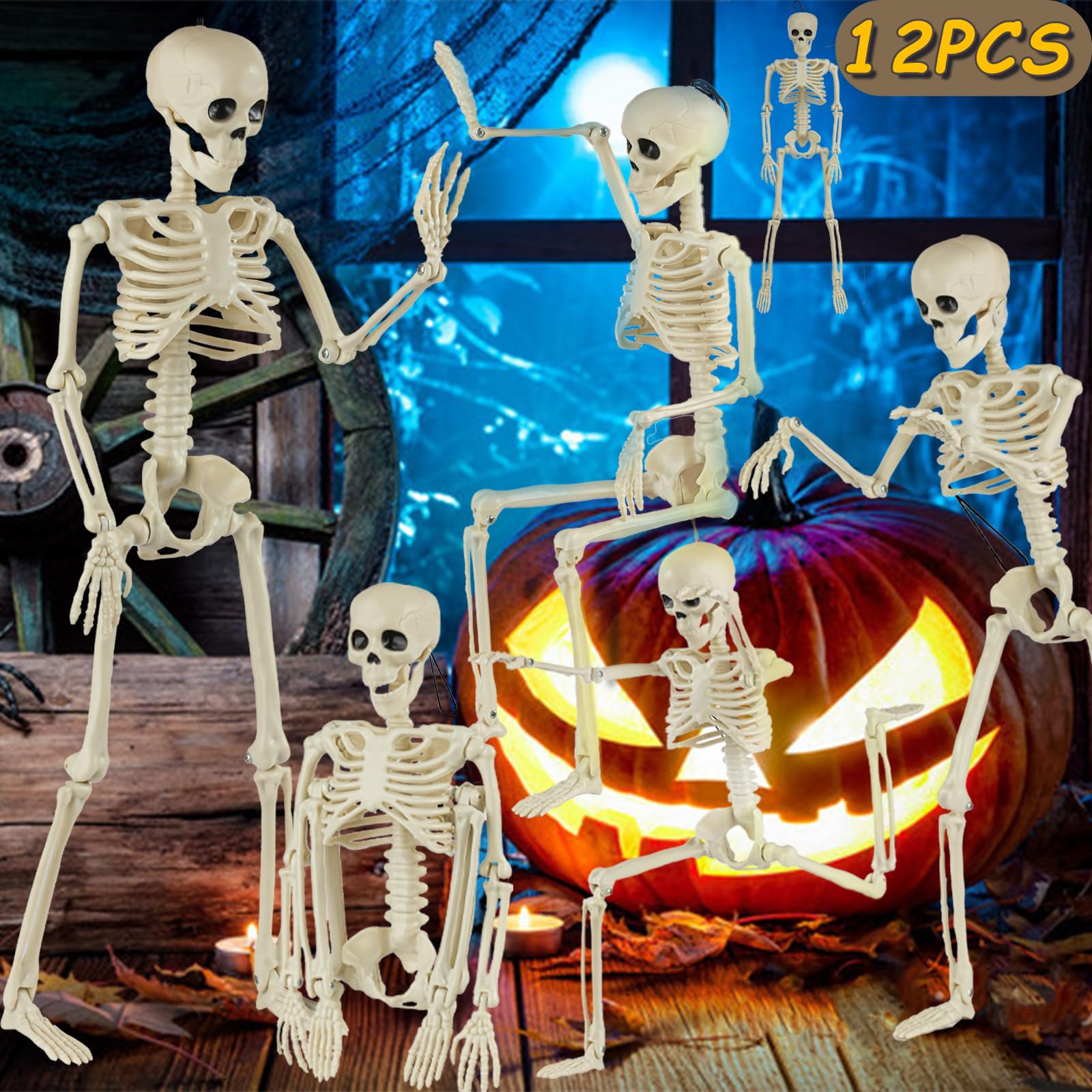 6 Packs Skeleton Halloween Decorations Outdoor with 16" Full Body Posable Joints Skeletons Decor, Halloween Party Decor Indoor, Yard Garden Lawn Graveyard Haunted House Props Spooky Party Decorations