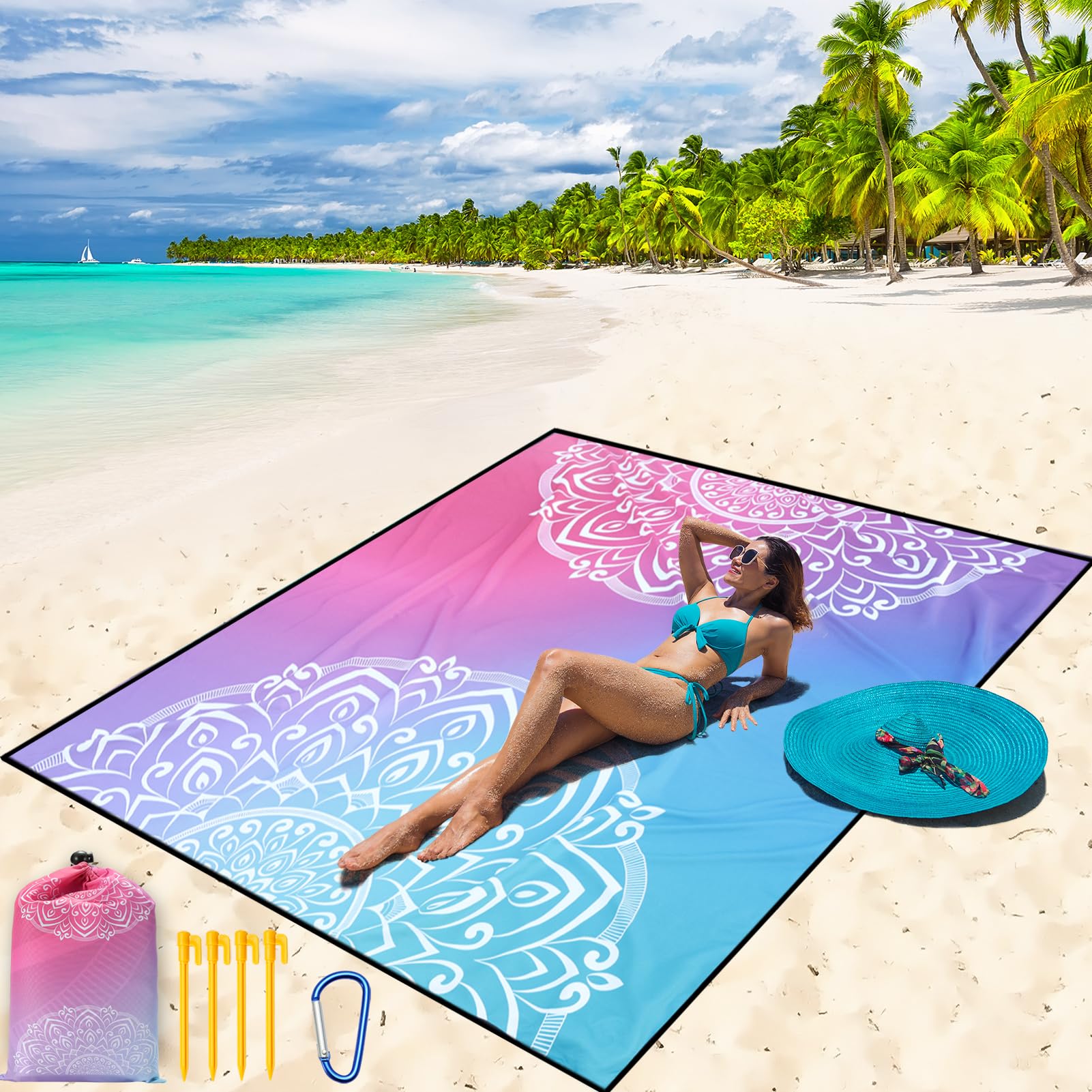 Beach Blanket Waterproof Sandproof Beach Mat 79" X 83" /10'x9'for 2-8 Adults Quick Drying Outdoor Picnic Mat Beach Accessories for Travel, Camping, Hiking