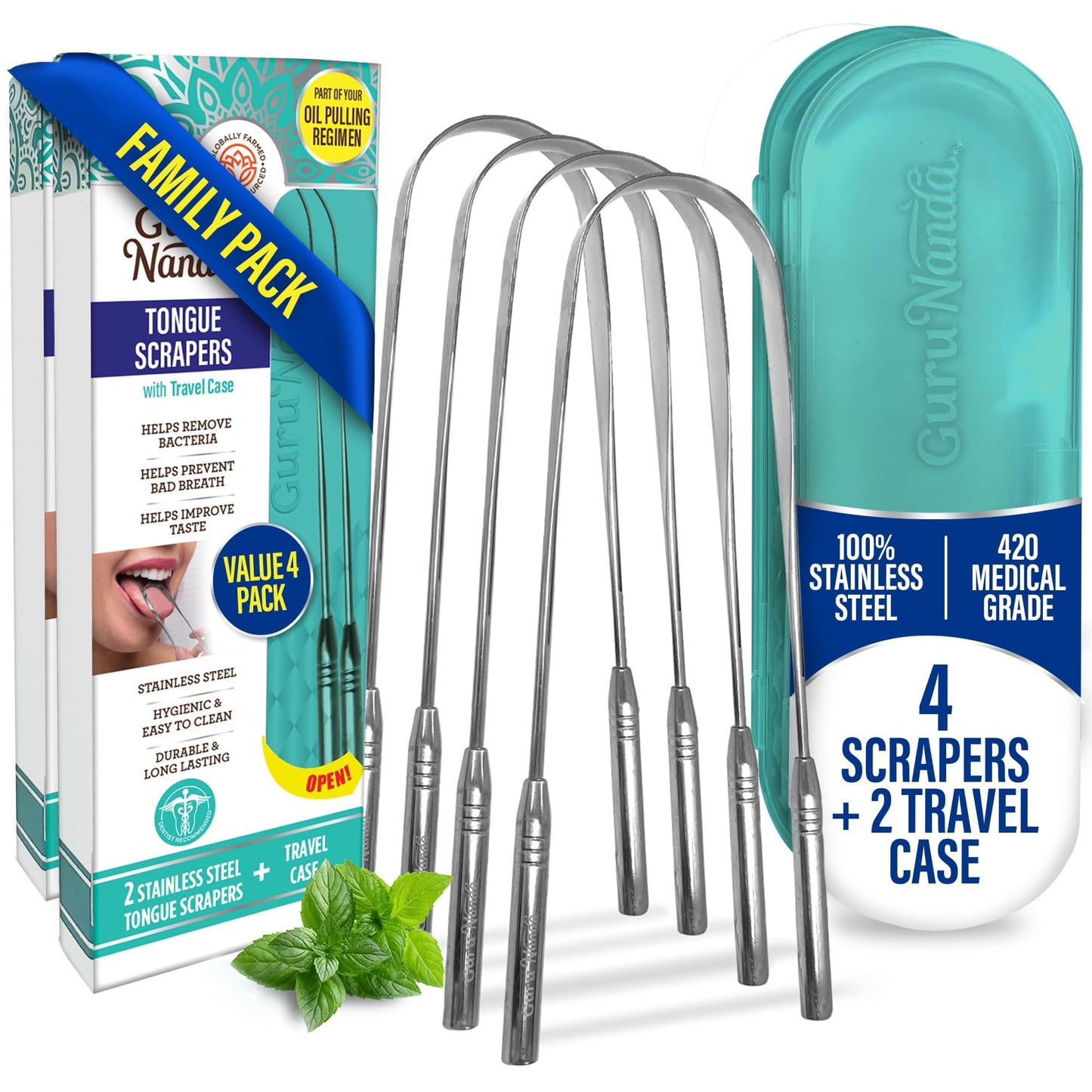 GuruNanda Tongue Scraper for Adults (2 Pack) with Travel Case, 420 Medical-Grade 100% Stainless Steel Tongue Cleaner, Aids in Fresh Breath & Oral Care