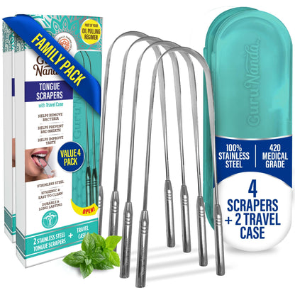 GuruNanda Tongue Scraper for Adults (2 Pack) with Travel Case, 420 Medical-Grade 100% Stainless Steel Tongue Cleaner, Aids in Fresh Breath & Oral Care