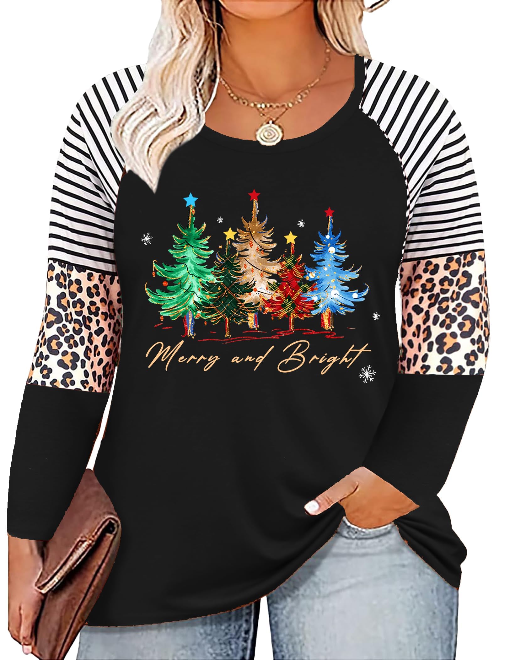 Plus Size Christmas T Shirt Women Xmas Leopard Plaid Trees Print Tees Casual Long Sleeve Holiday Shirts Top