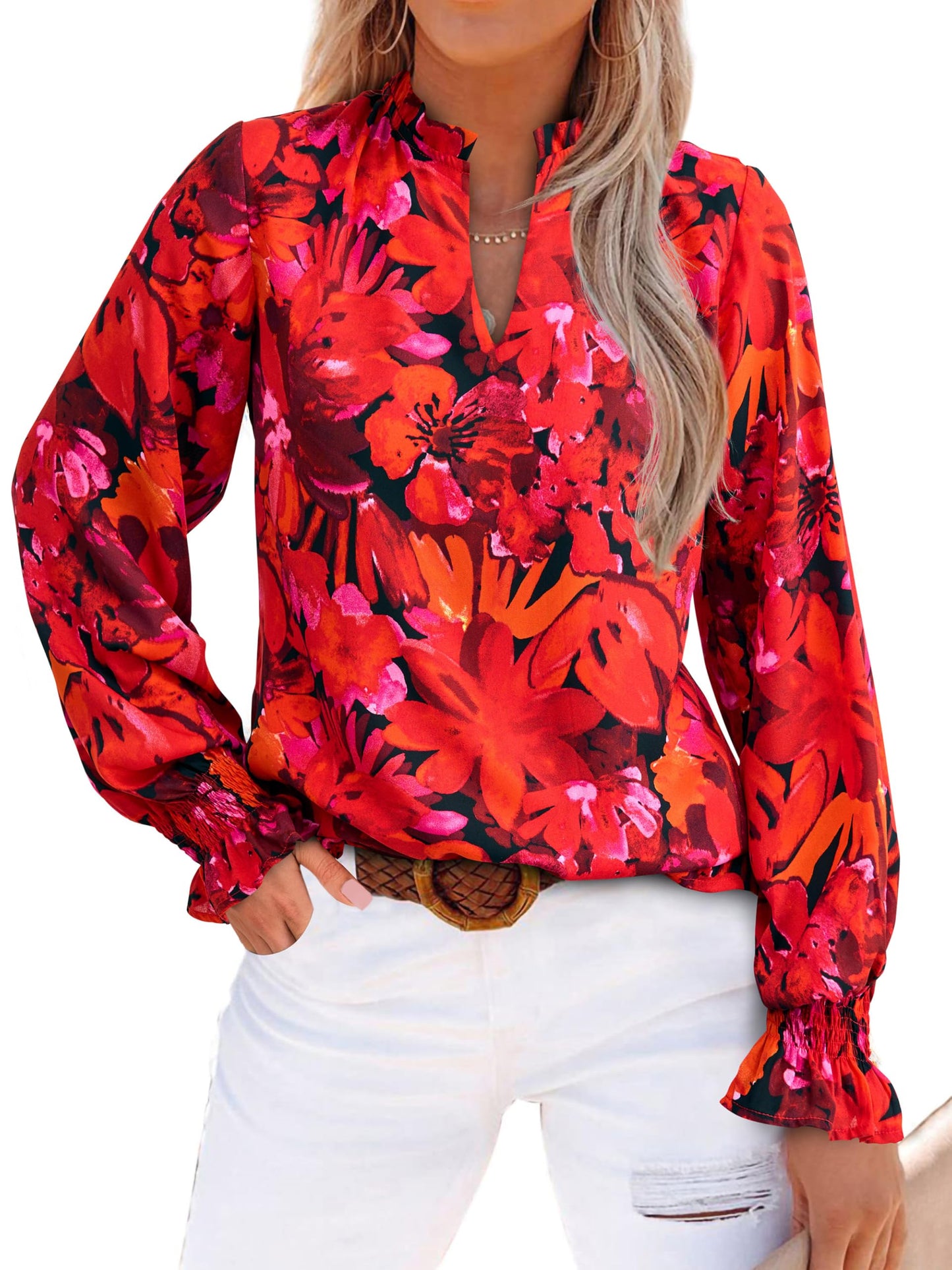 MASCOMODA Womens V Neck Floral Long Sleeve Tops 2025 Summer Casual Loose Puff Sleeve Chiffon Boho Work Blouse Dressy T Shirts