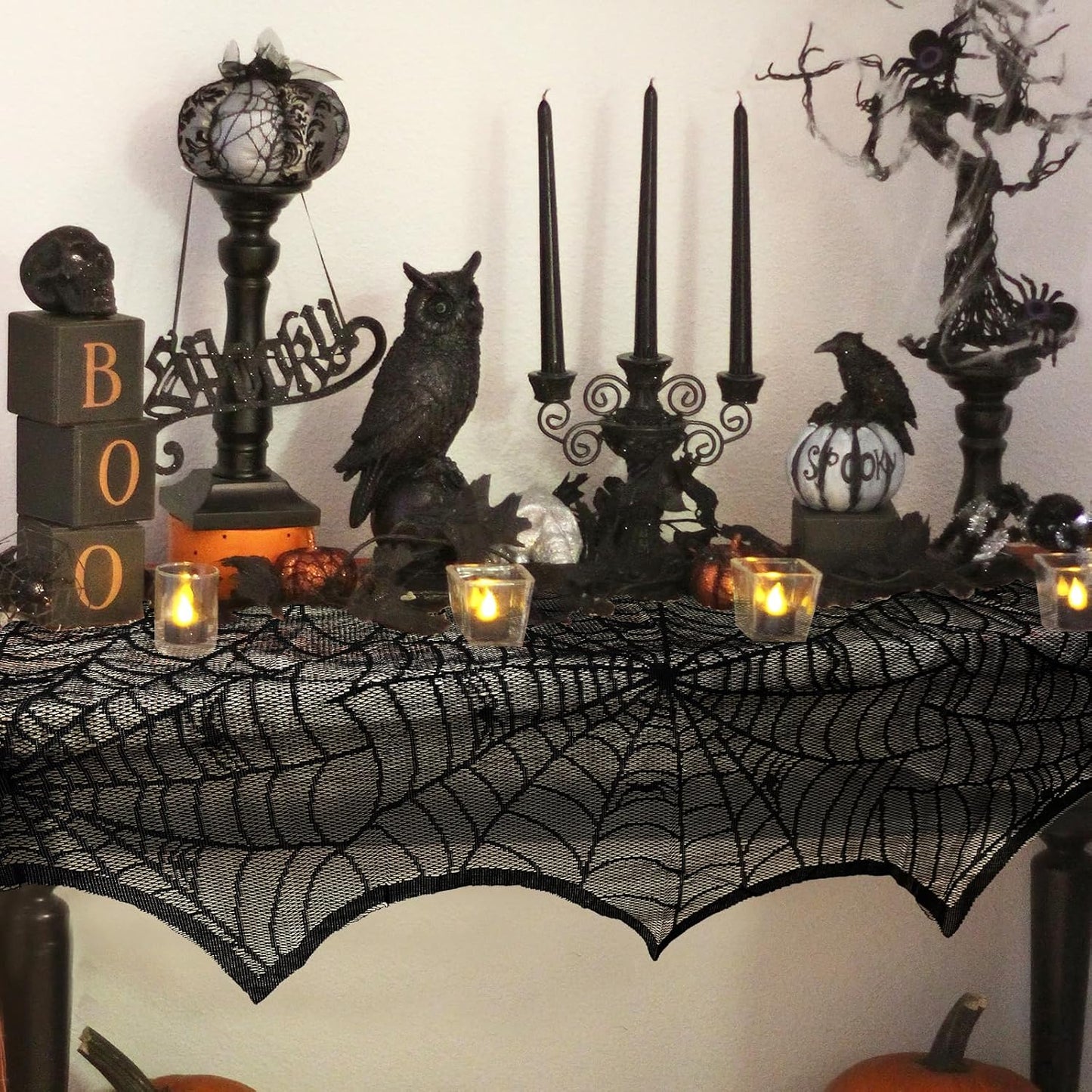 AerWo Halloween Decoration Black Lace Spiderweb Fireplace Mantle Scarf Cover Festive Party Supplies 45 X 243cm 18 x 96 inch