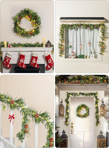 Brightown Pre-lit Christmas Garland with Lights, 6 Feet 20 LED Battery Operated Christmas Lights with Pine Cones, Berry, Eucalyptus Leaves, Indoor Christmas Decorations for Stairs, Fireplace, Door