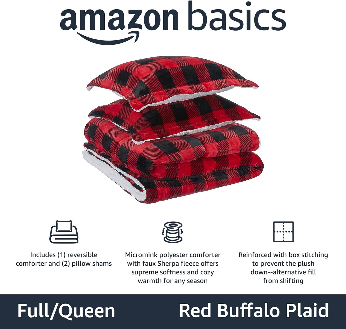 Amazon Basics 3 Piece Bedding Set, Micromink Sherpa, Ultra-Soft, Warm All Season Comforter, Full/Queen, Red Buffalo Plaid