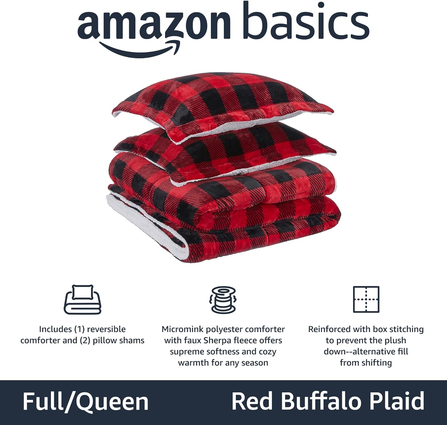 Amazon Basics 3 Piece Bedding Set, Micromink Sherpa, Ultra-Soft, Warm All Season Comforter, Full/Queen, Red Buffalo Plaid