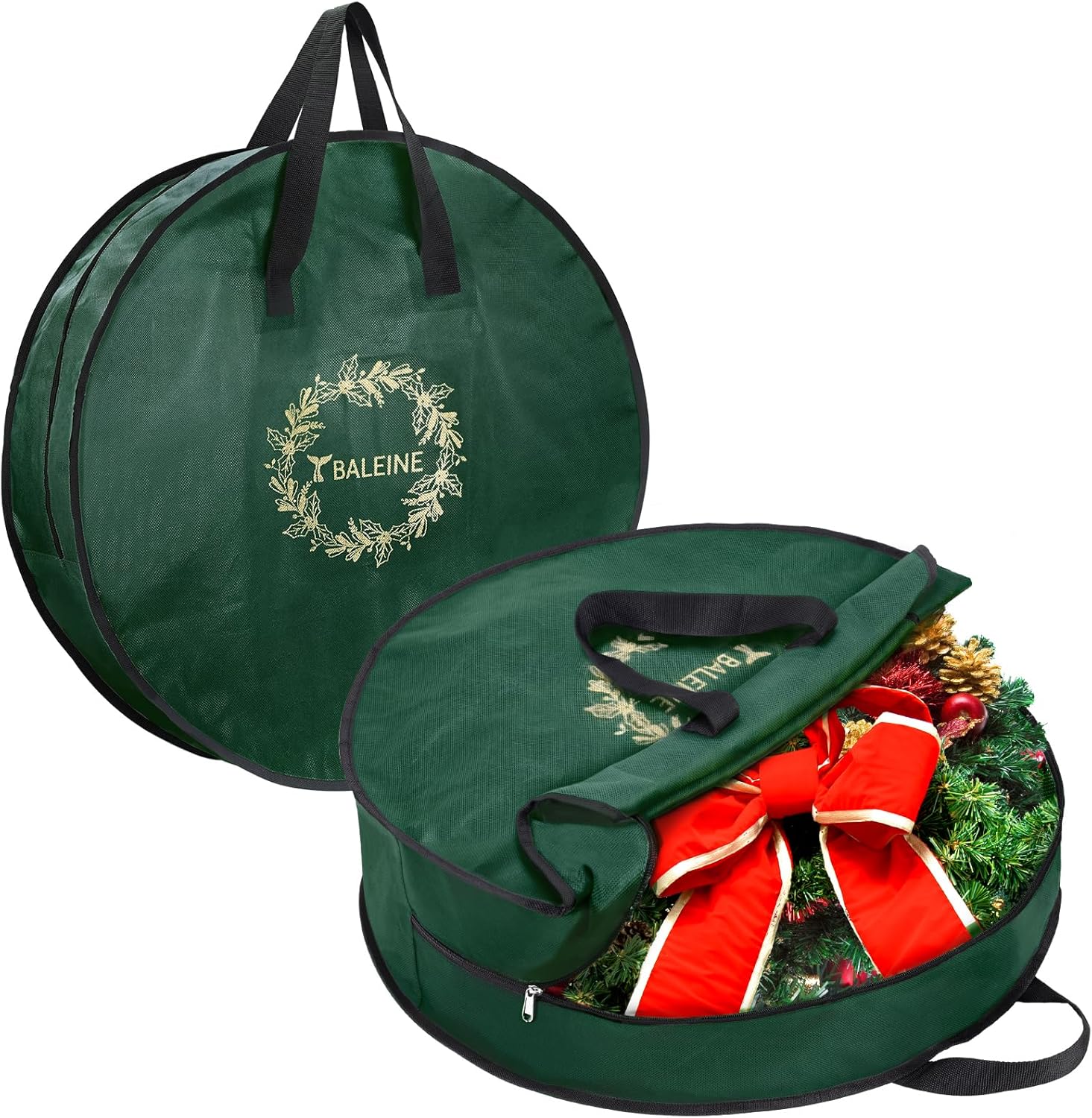 BALEINE 2 Pack Wreath Storage Container, Christmas Wreath Storage Bag with Reinforced Handle for Holiday Xmas (Green, 24"X8")