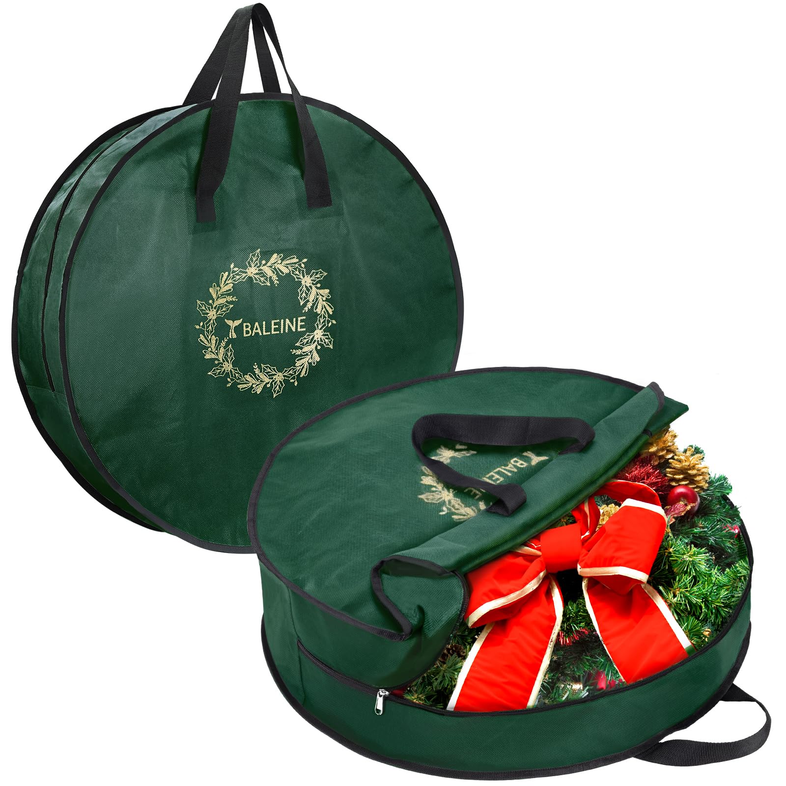 BALEINE 2 Pack Wreath Storage Container, Christmas Wreath Storage Bag with Reinforced Handle for Holiday Xmas (Green, 24"X8")