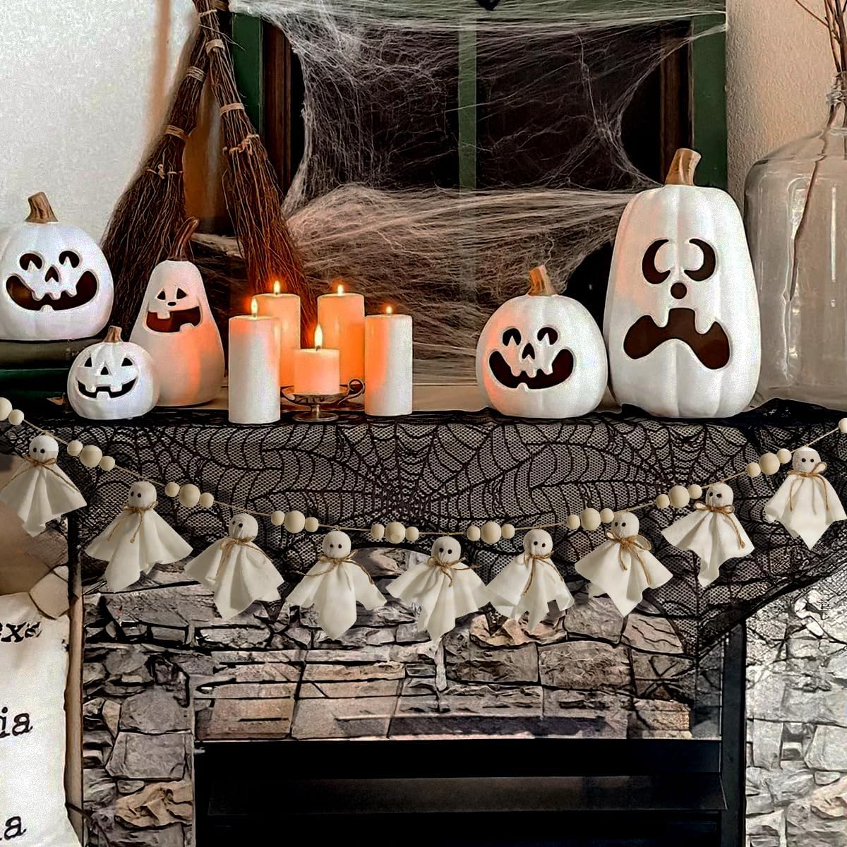 7Ft Cute Halloween Ghost with Wooden Beads Garlands, Handmade Rustic Halloween Banner for Wall Home Indoor Outdoor Spring Decor Supplies, White
