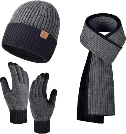 Men Women Winter Beanie Hats Scarf with Touchscreen Gloves Warm Knit Themal Gloves Long Scarf Set with Fleece Lined