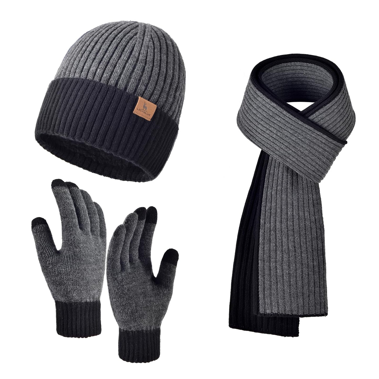 Men Women Winter Beanie Hats Scarf with Touchscreen Gloves Warm Knit Themal Gloves Long Scarf Set with Fleece Lined