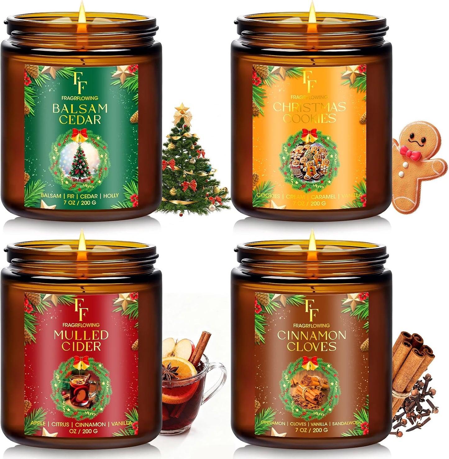Christmas Candles Set, Scented Candles for Home, 4 Pack Holiday Natural Soy Candles, Christmas Gifts for Women Men, Festival Fragrance of Balsam Cedar/Cookies/Mulled Cider/Cinnamon