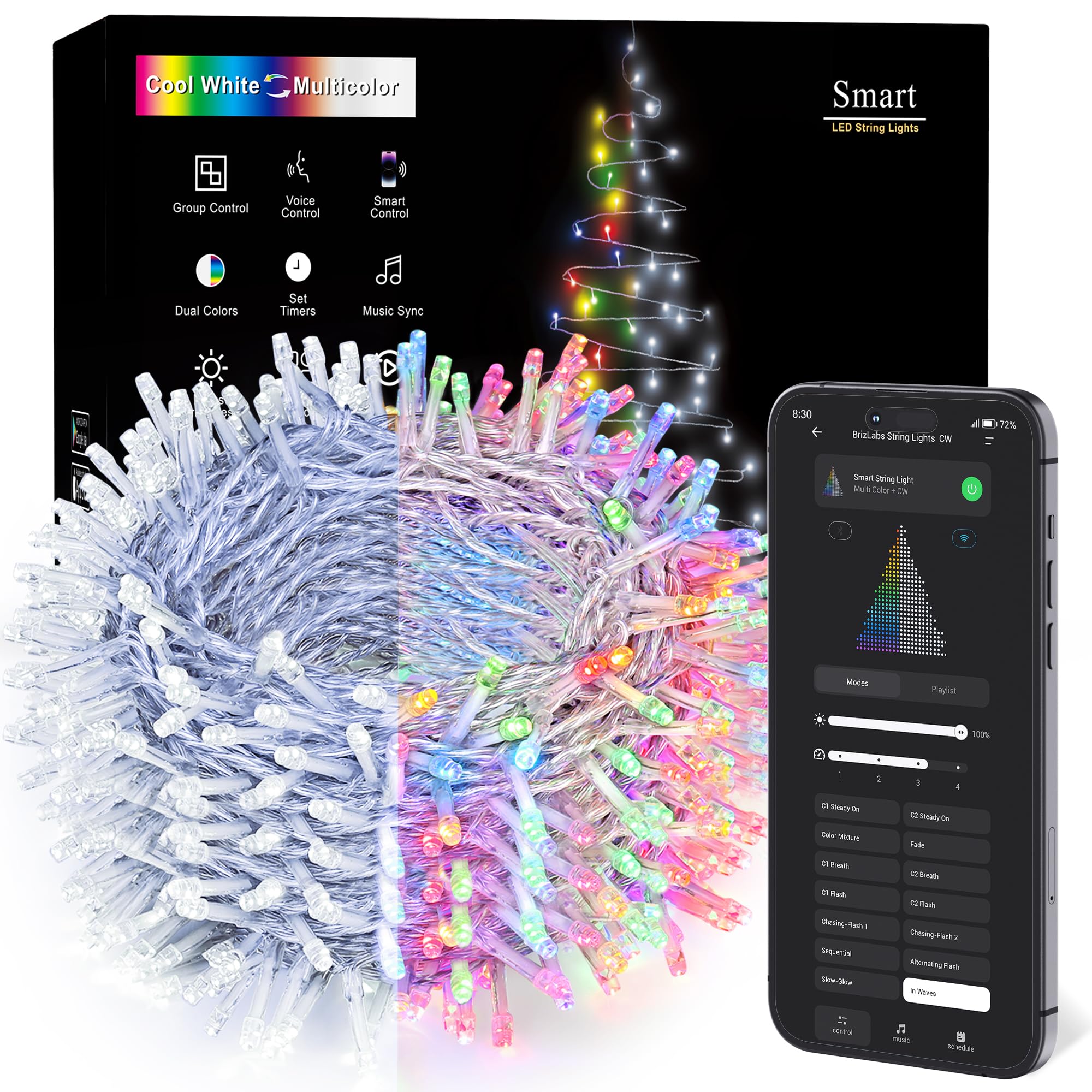 BrizLabs Smart Christmas Lights, 180FT 500 LED Color Changing Christmas Lights with App/Voice Control, Dimmable Warm White & Multicolor Mini Light String, Decorative Xmas Light for Indoor Outdoor Tree